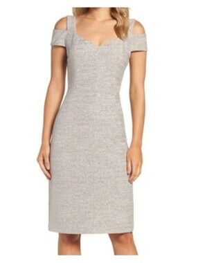 Eliza J Glittering Silver Off-Shoulder Midi Dress